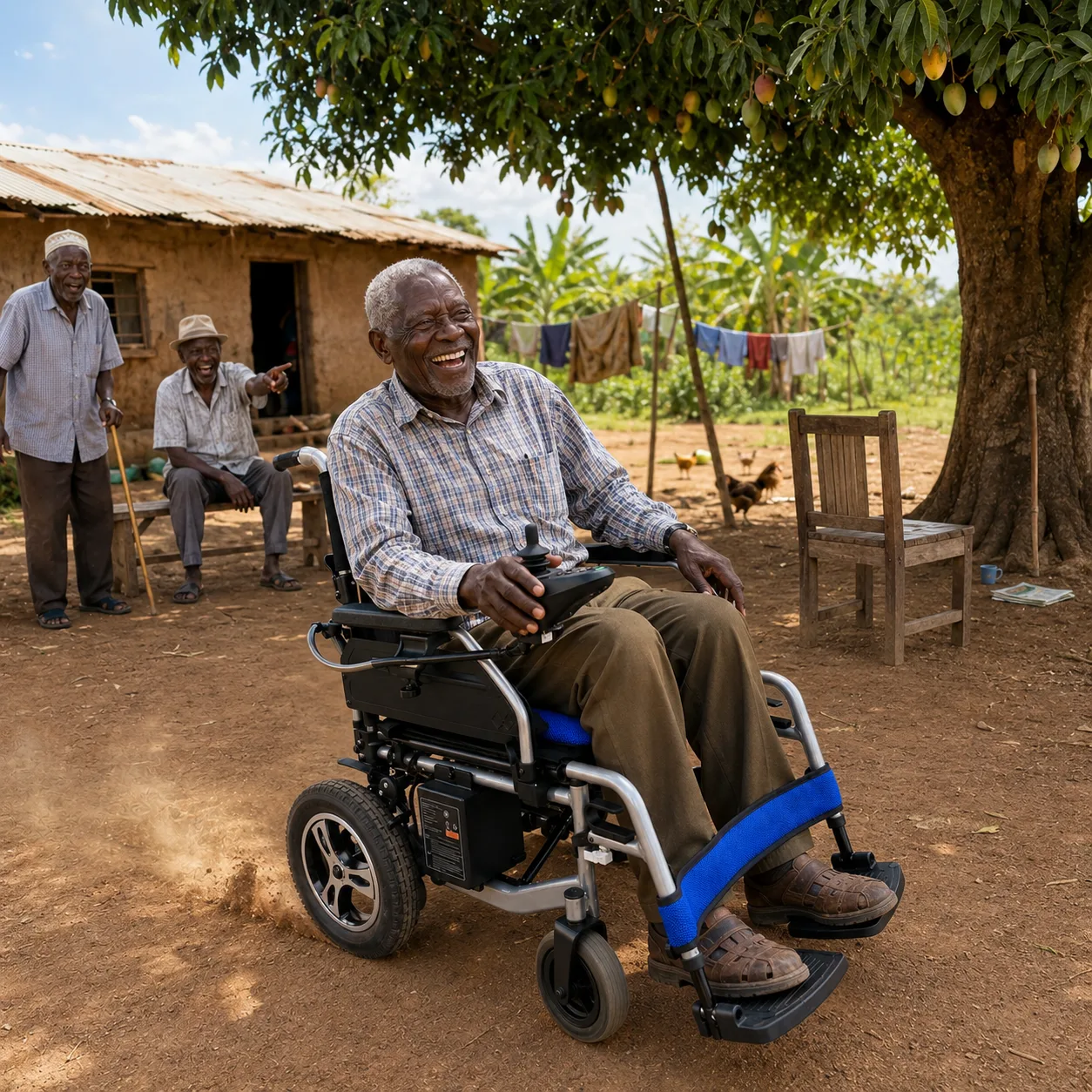 Kenyan elder enjoying reclining electric wheelchair